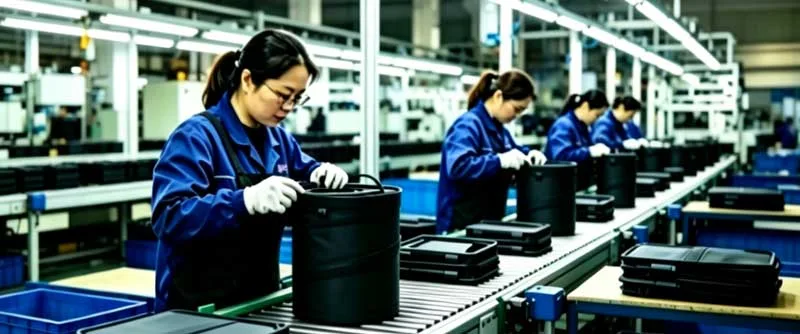 Skilled factory workers assembling black heavy-duty collapsible car trunk organizers along a standardized automated conveyor belt production line at Far East Manufacturing facility